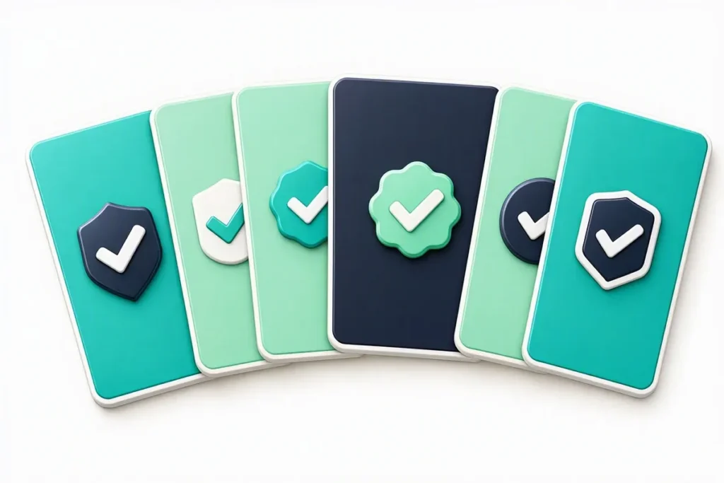 KYC Glossary: index cards with verification icons fanned out