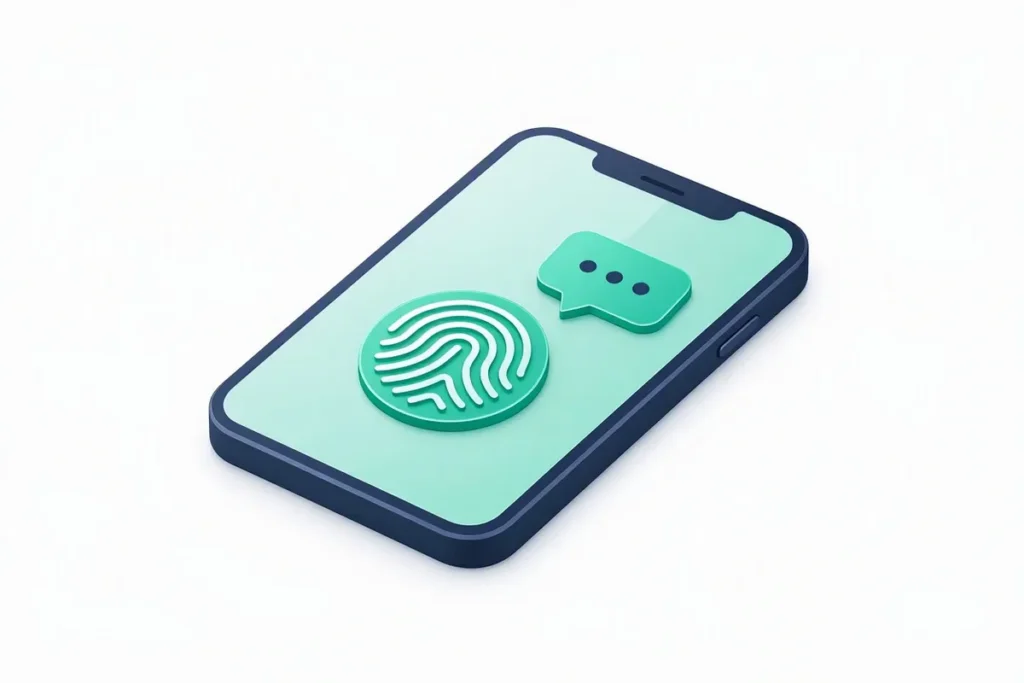 E-KYC: a phone showing electronic identity verification with fingerprint and OTP bubble icons