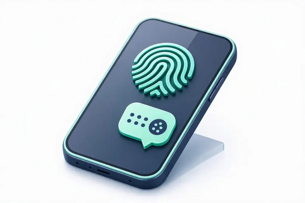 E-KYC: a phone showing electronic identity verification with fingerprint and OTP bubble icons