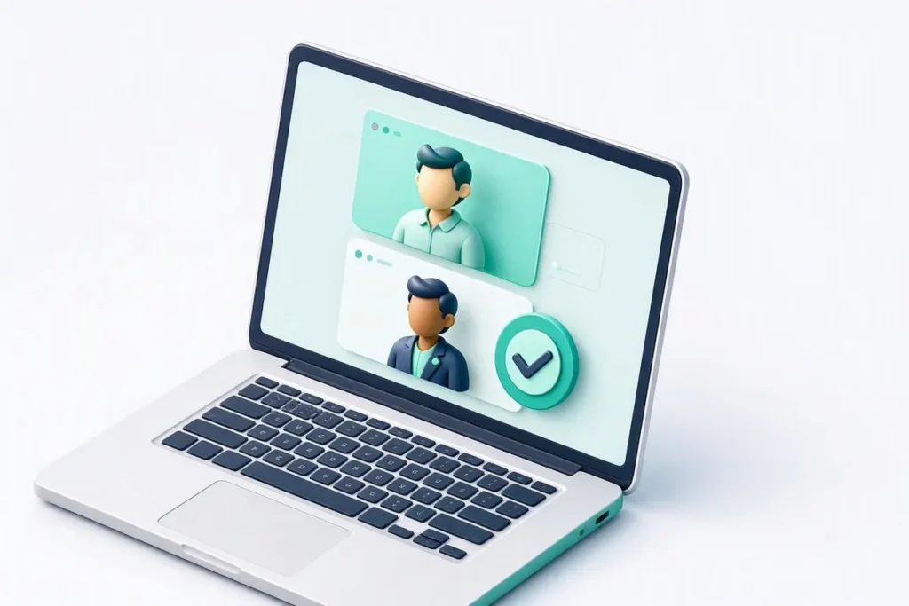 Video KYC: a video call on a laptop between a customer and an official with a liveness check icon