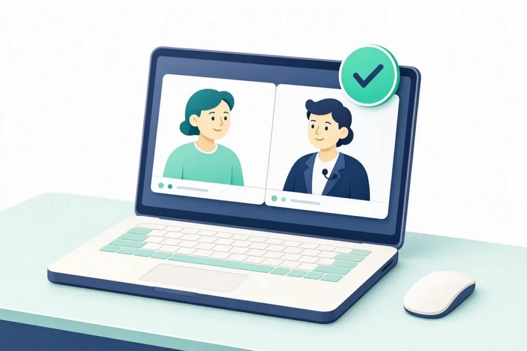Video KYC: a video call on a laptop between a customer and an official with a liveness check icon