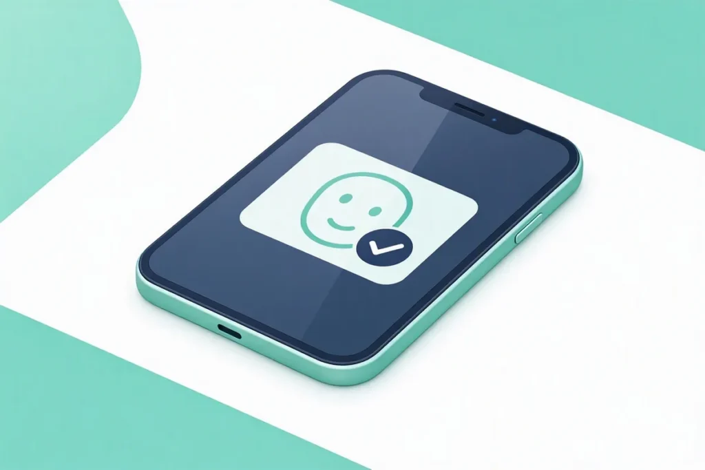 Video KYC: a phone showing a live video verification with a face outline and a checkmark