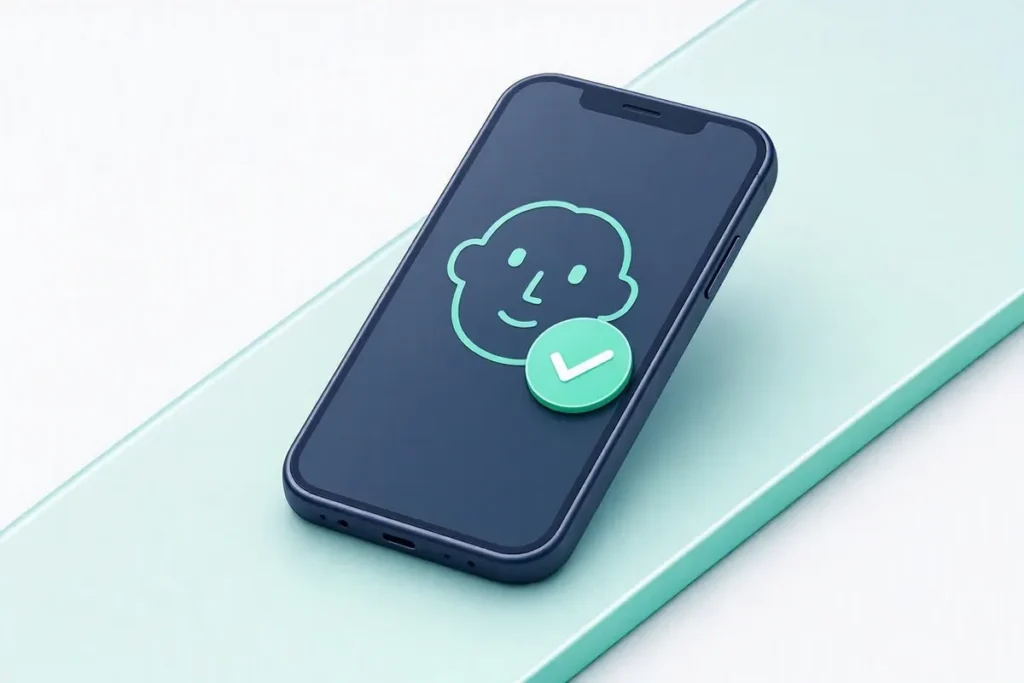 Video KYC: a phone showing a live video verification with a face outline and a checkmark