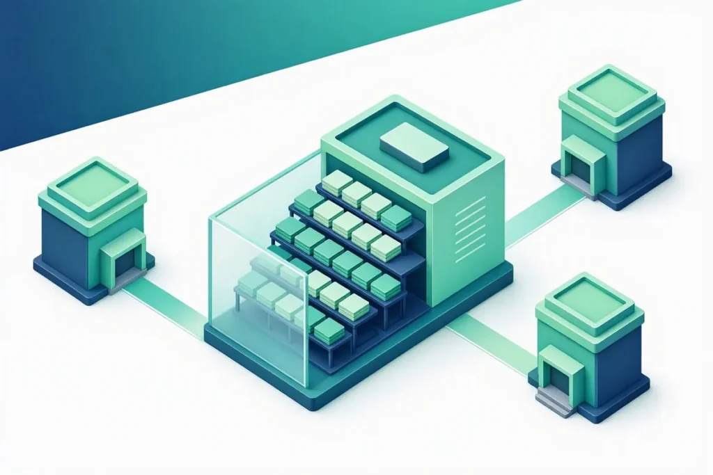 Central KYC Registry: a central registry building storing identity record cards on organised shelves, connected to bank buildings