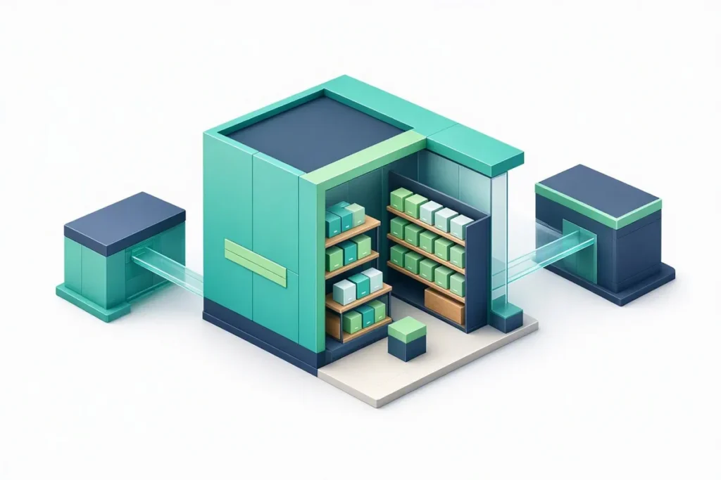 Central KYC Registry: a central registry building storing identity record cards on organised shelves, connected to bank buildings