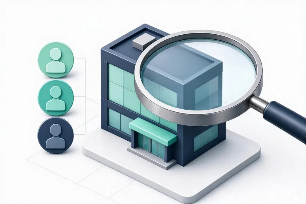 KYB: a company building examined by a magnifying glass, with owner profile icons beside it