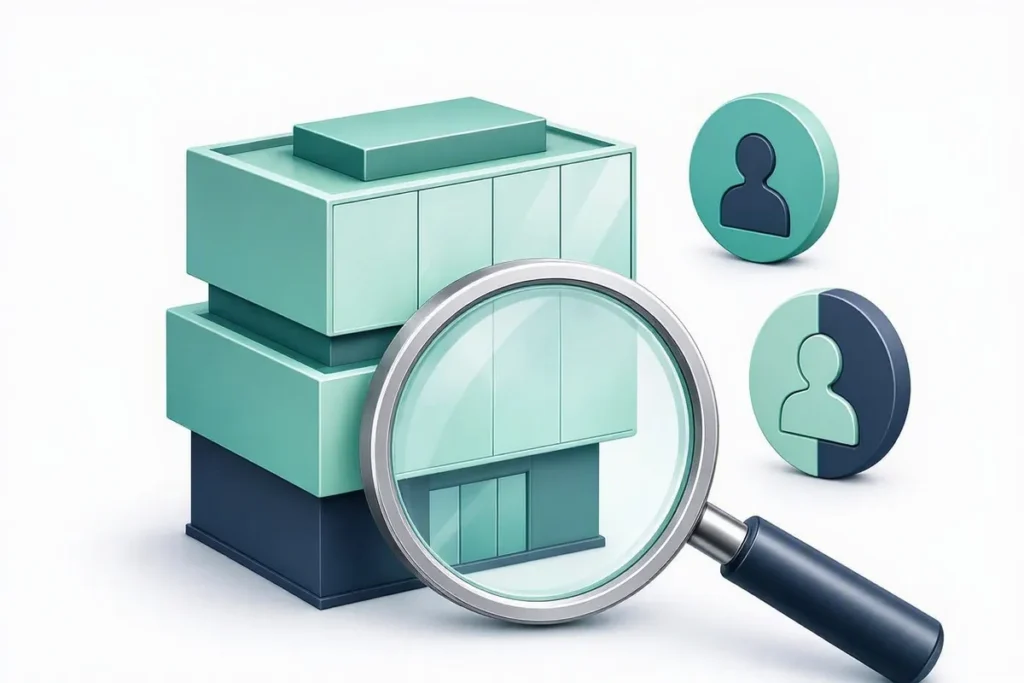 KYB: a company building examined by a magnifying glass, with owner profile icons beside it