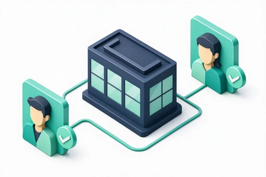 KYB: business owner profiles linked to a company building with checkmarks
