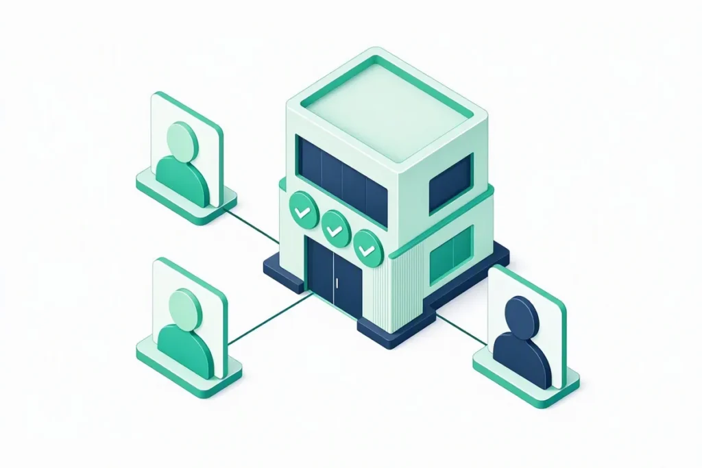 KYB: business owner profiles linked to a company building with checkmarks