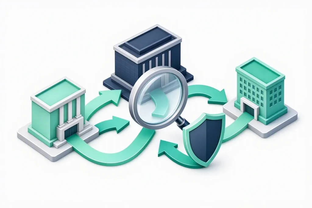 AML: money flow arrows between bank buildings monitored by a magnifying glass and a shield
