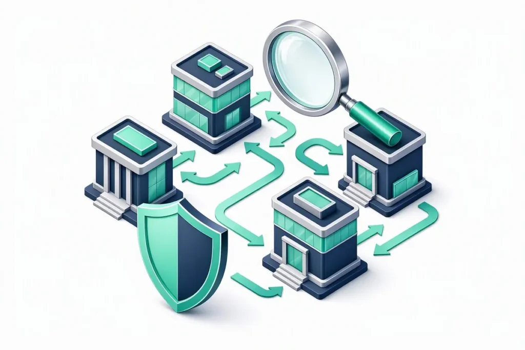 AML: money flow arrows between bank buildings monitored by a magnifying glass and a shield