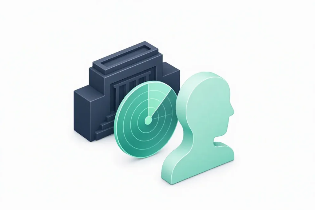 PEP: a government building silhouette with a person profile being screened by a radar