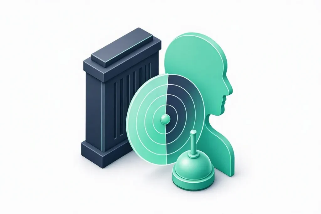 PEP: a government building silhouette with a person profile being screened by a radar