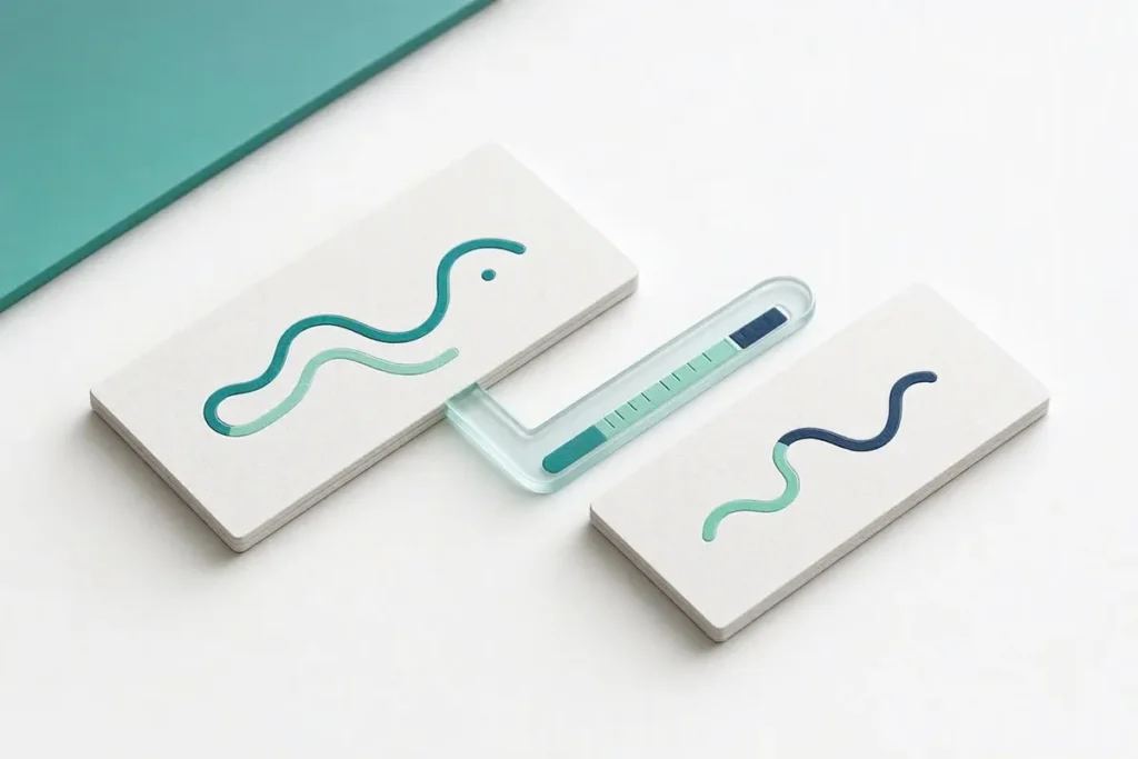 Name Match: two name cards with slightly different abstract lines connected by a matching gauge