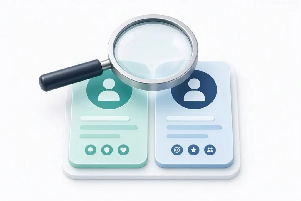 Name Match: a magnifying glass over two profile cards with a similarity meter