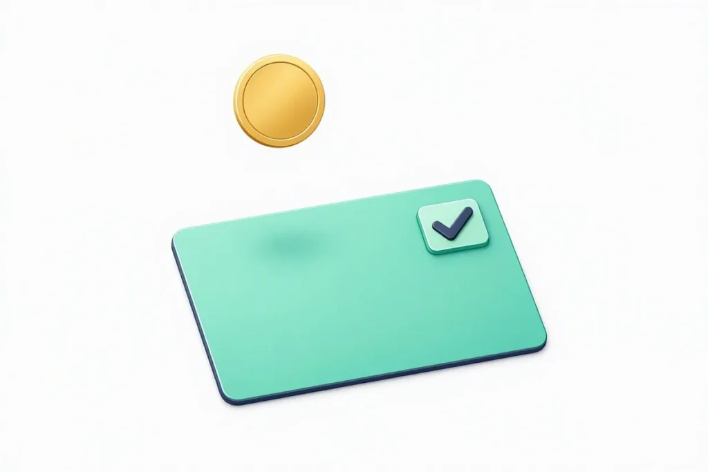 Penny Drop Verification: a single coin dropping into a bank account card, with a confirmation checkmark