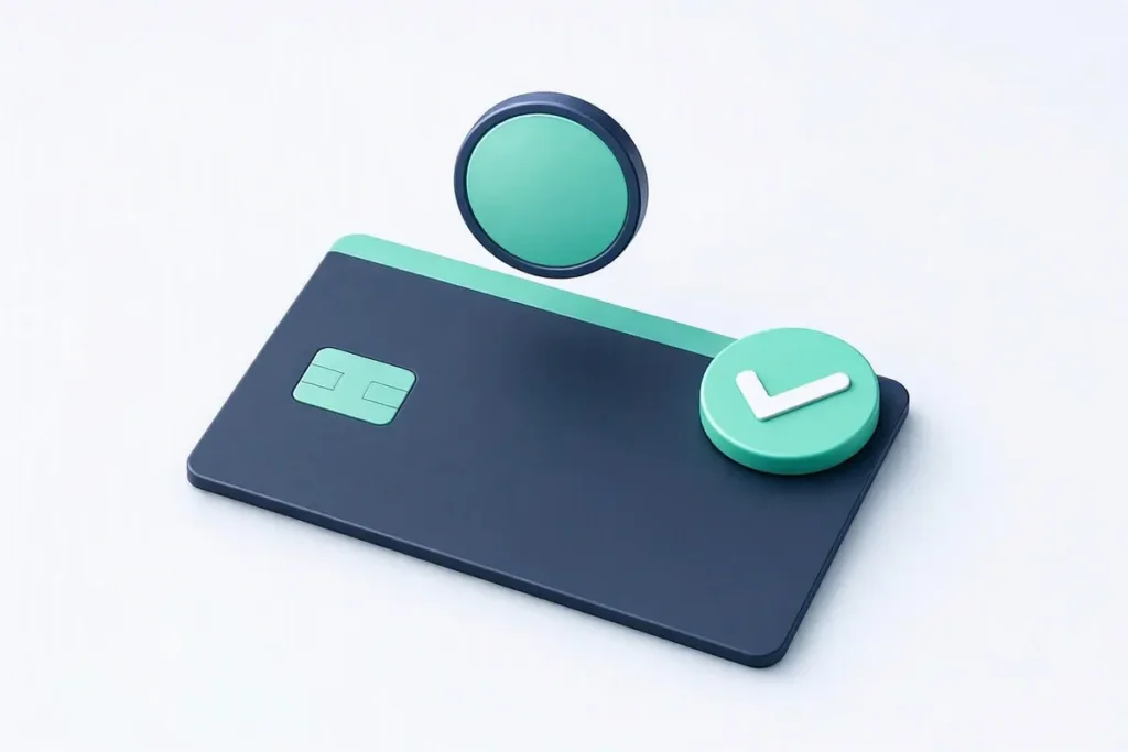 Penny Drop Verification: a single coin dropping into a bank account card, with a confirmation checkmark