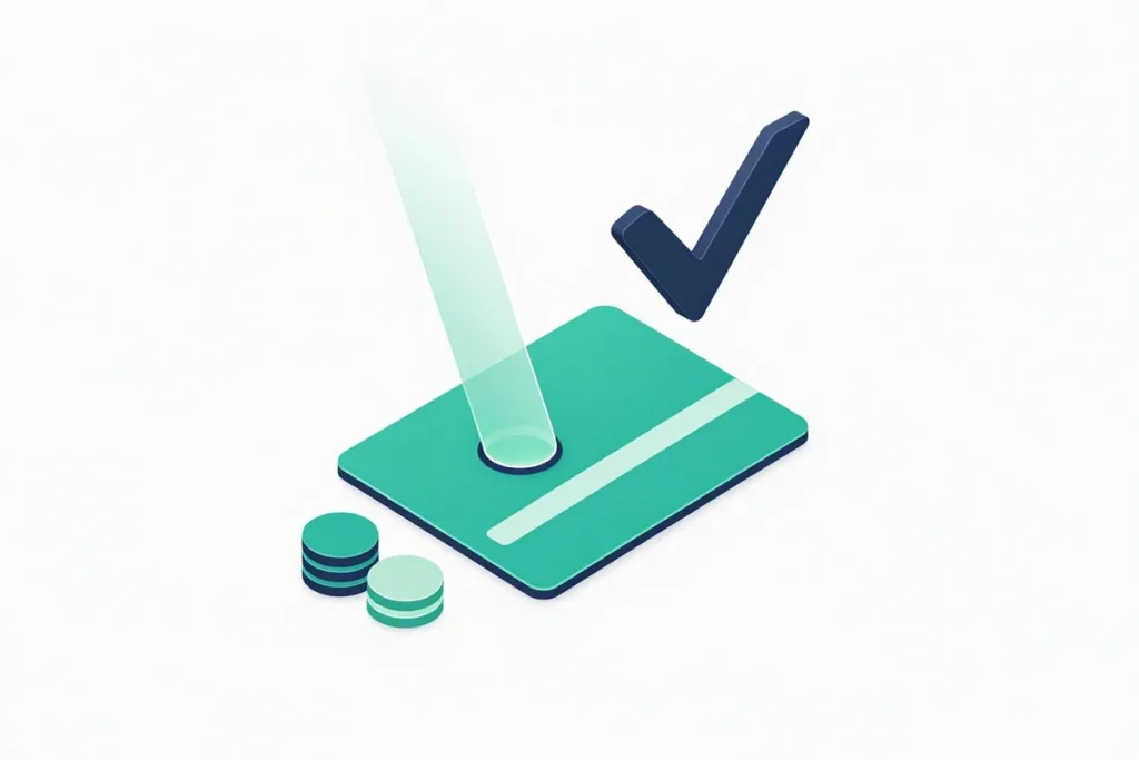 Penny-less Verification: a bank account card verified by a beam with no coins moving, and a checkmark