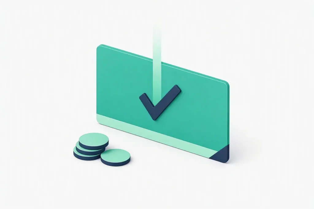 Penny-less Verification: a bank account card verified by a beam with no coins moving, and a checkmark