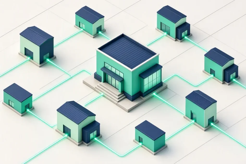 IFSC Code: a stylised bank branch building connected by glowing payment lines to other bank buildings on a map grid
