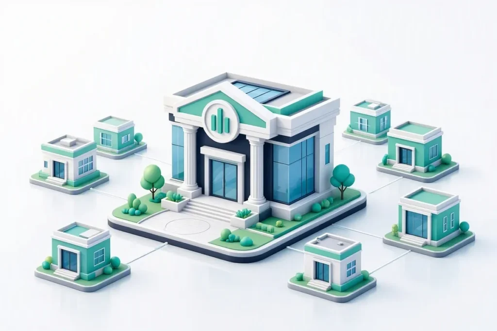 IFSC Code: a bank branch building connected to a payment network of other branch buildings
