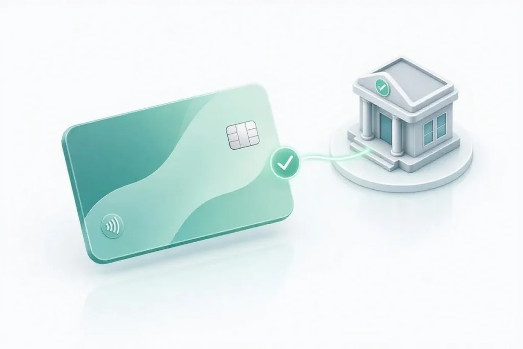 IFSC Code: a bank account card linked to a branch building by a glowing line with a checkmark