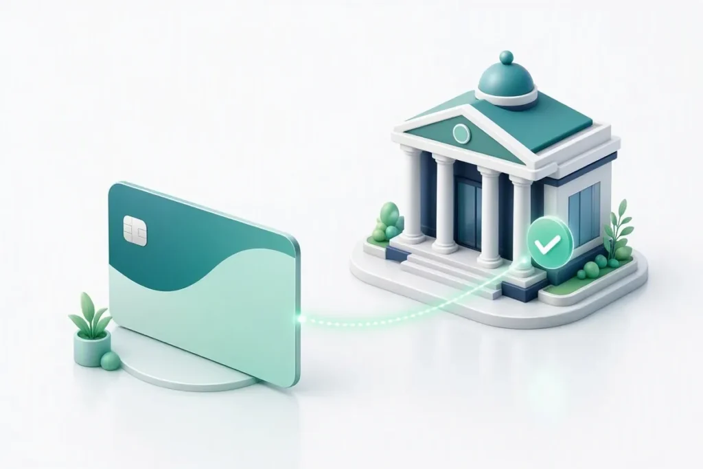IFSC Code: a bank account card linked to a branch building by a glowing line with a checkmark