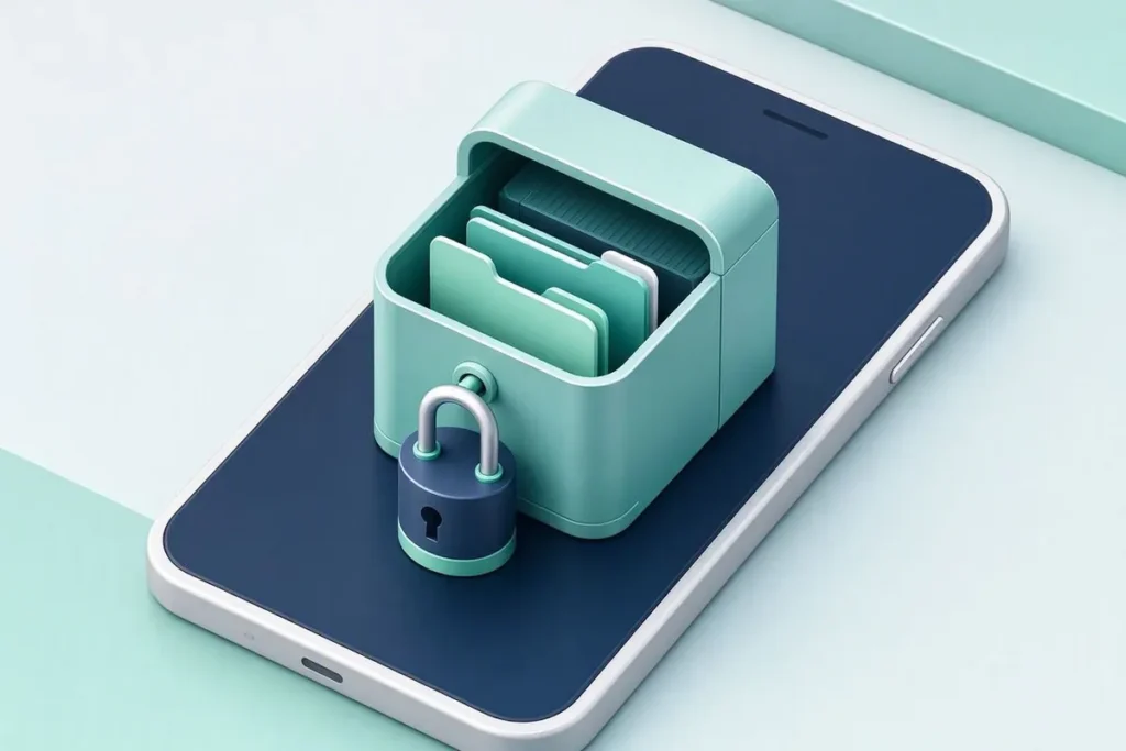 DigiLocker: a secure digital locker on a phone storing document folders, with a lock