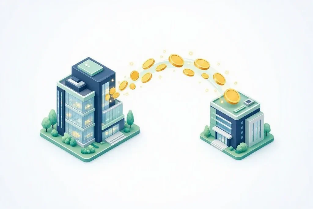 EPFO: an office building sending monthly coins to a central fund building