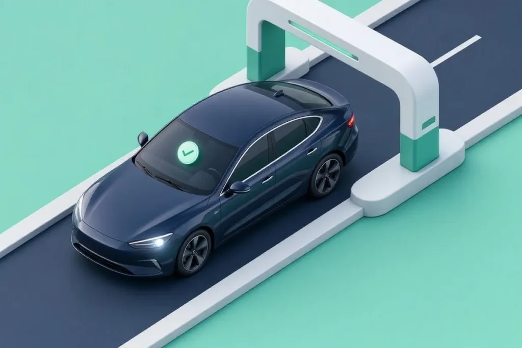 FASTag: a car passing a toll gate with a tag on the windshield and a checkmark