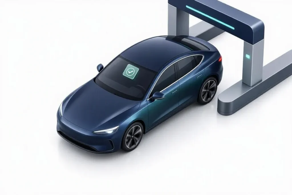FASTag: a car passing a toll gate with a tag on the windshield and a checkmark