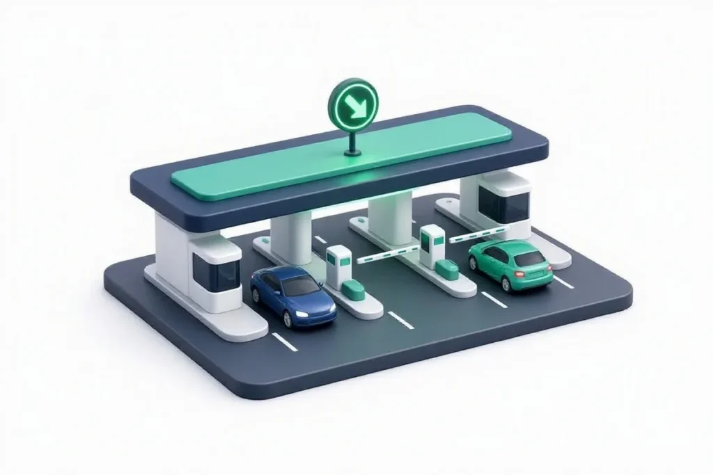 FASTag: a toll plaza with cars and a payment signal arrow