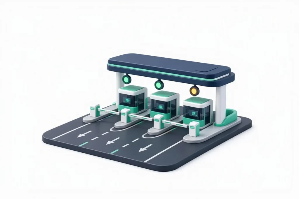 FASTag: a toll plaza with cars and a payment signal arrow