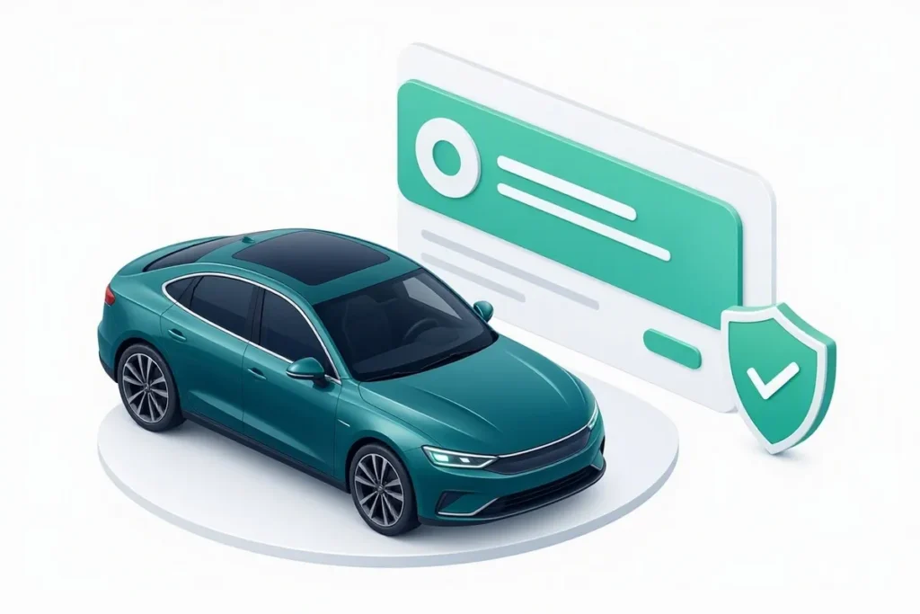 RC: a car beside an abstract registration card with a verified shield