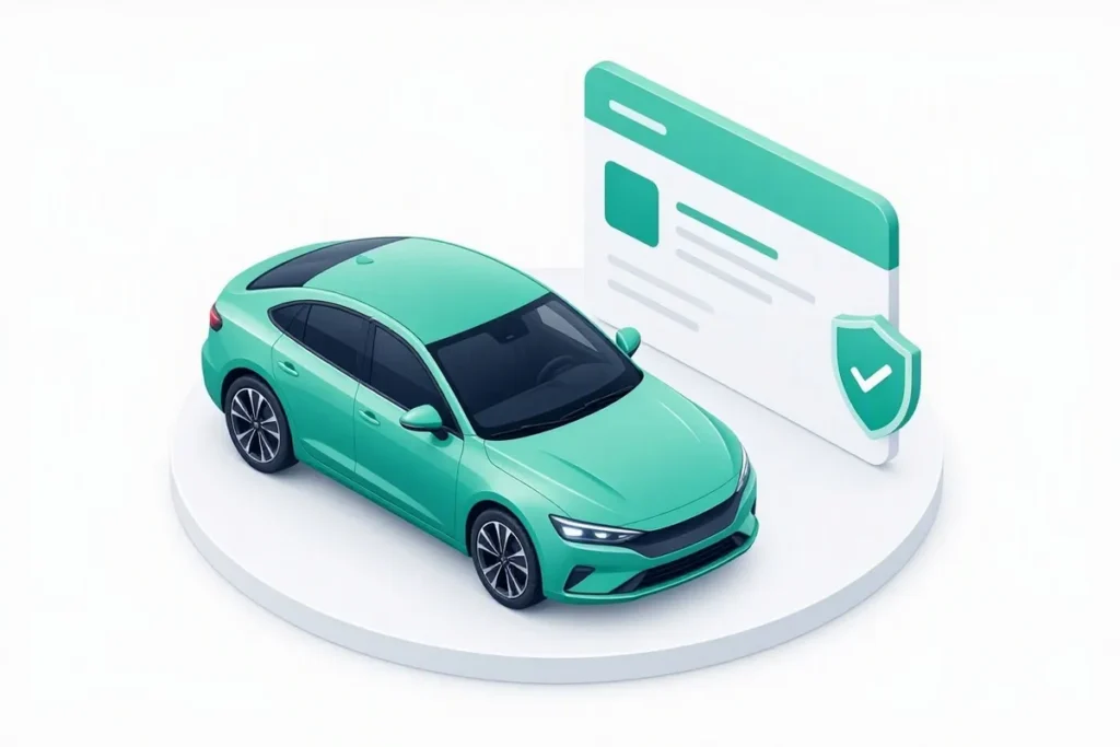 RC: a car beside an abstract registration card with a verified shield