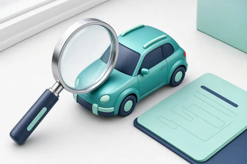 Chassis Number vs VIN: a magnifying glass over a car and an abstract registration card