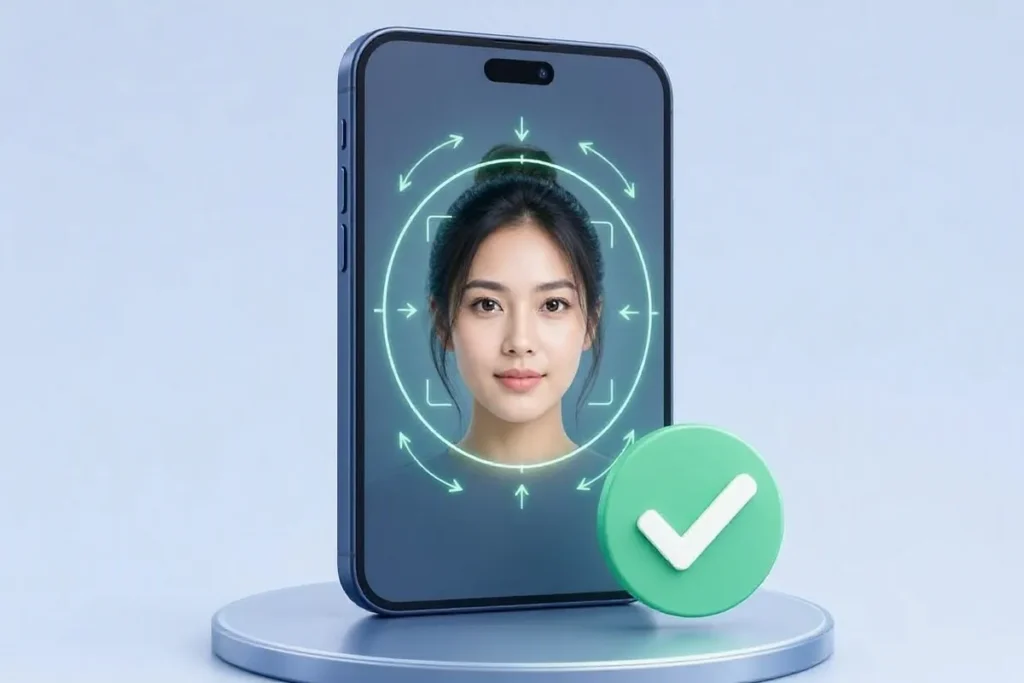 Liveness Detection: a phone camera checking a live face with motion arrows and a checkmark