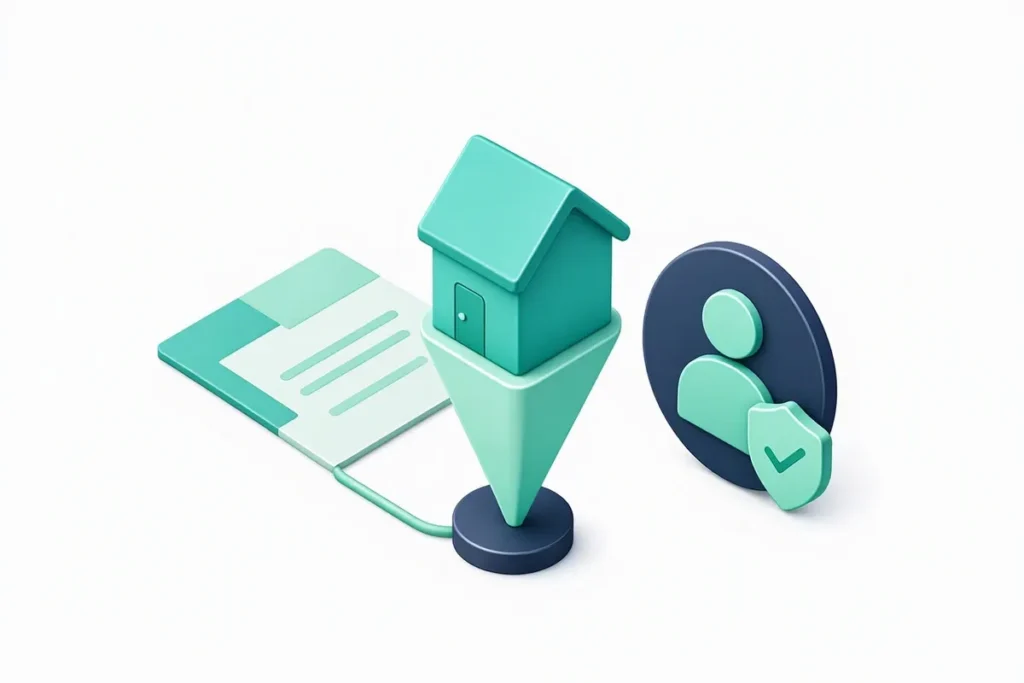 Address Proof Verification: a house on a map pin linked to an abstract utility bill and a verified profile