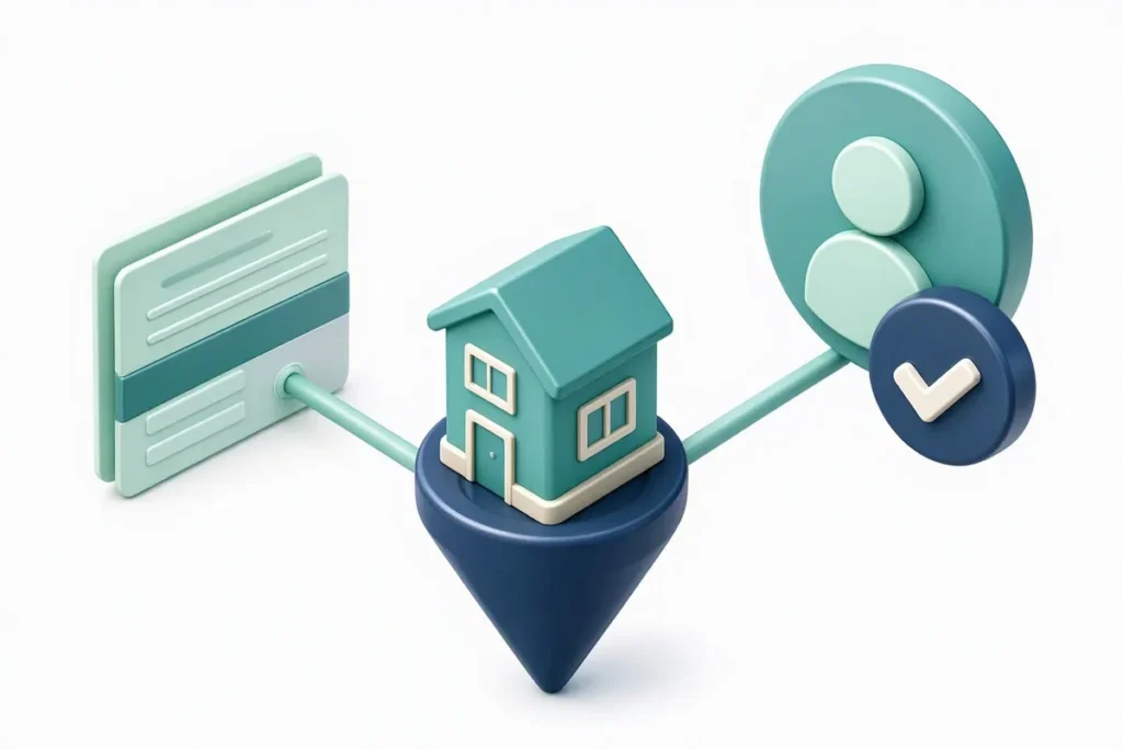 Address Proof Verification: a house on a map pin linked to an abstract utility bill and a verified profile