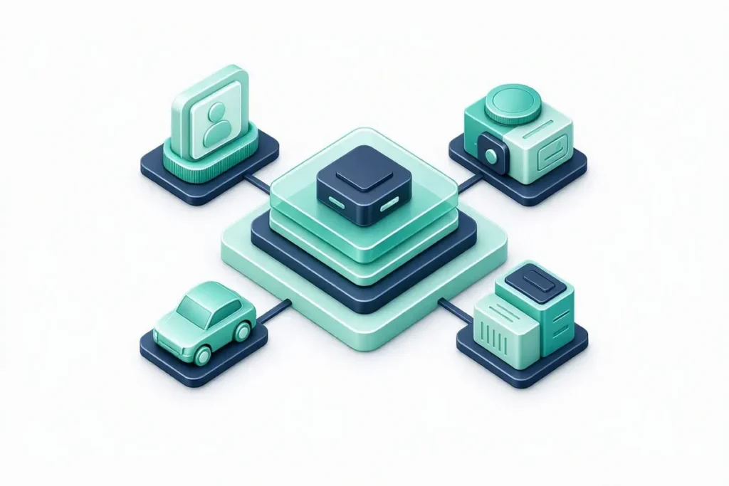 Identity Verification: a central identity verification platform with identity, bank, business and vehicle checks around it