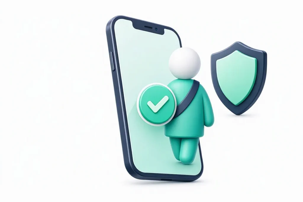 Identity Verification: a phone onboarding a customer with a verified checkmark and shield