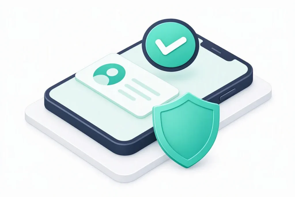 Identity Verification: a phone onboarding a customer with a verified checkmark and shield