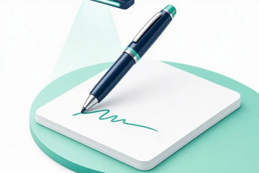 Signature Verification: a pen signing a blank document under a verification scanner beam