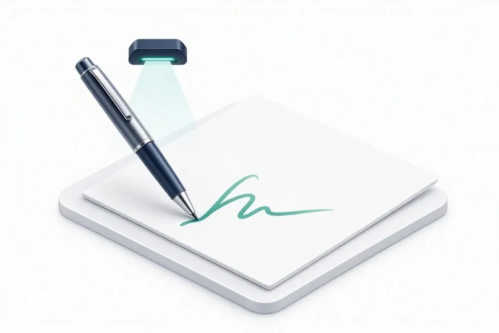 Signature Verification: a pen signing a blank document under a verification scanner beam