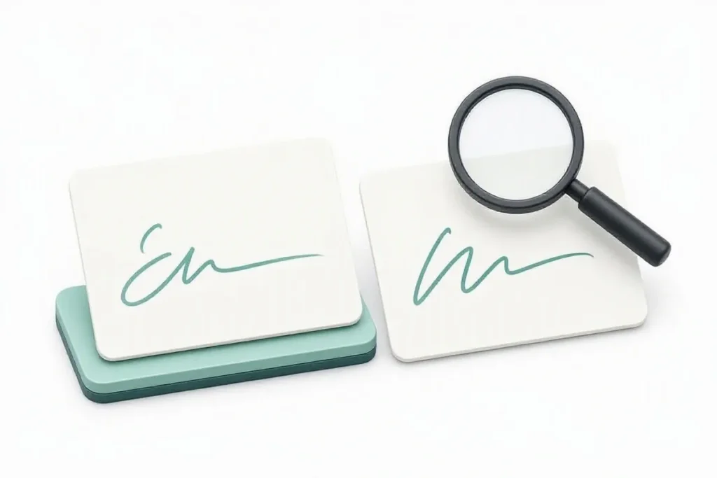 Signature Verification: two signature strokes on blank cards compared by a magnifying glass