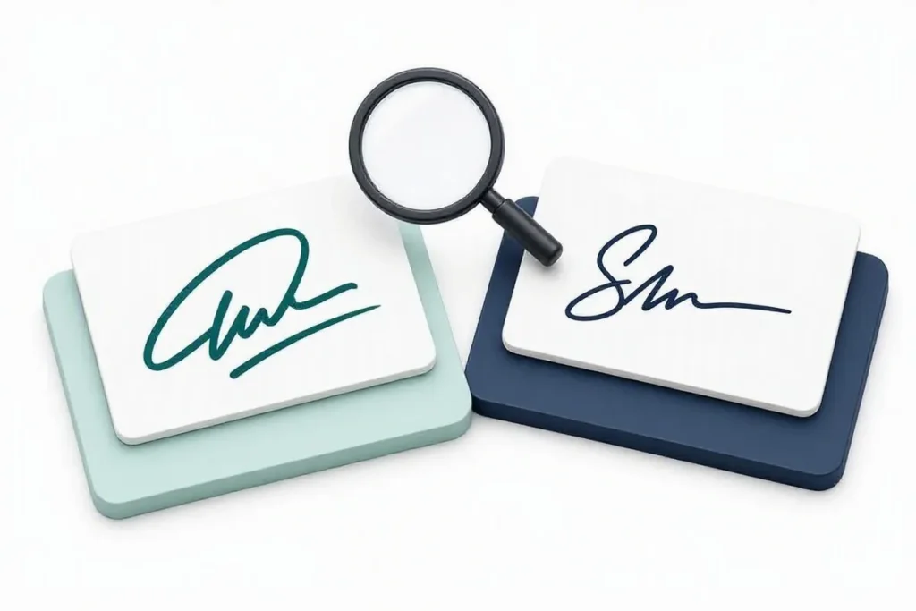 Signature Verification: two signature strokes on blank cards compared by a magnifying glass