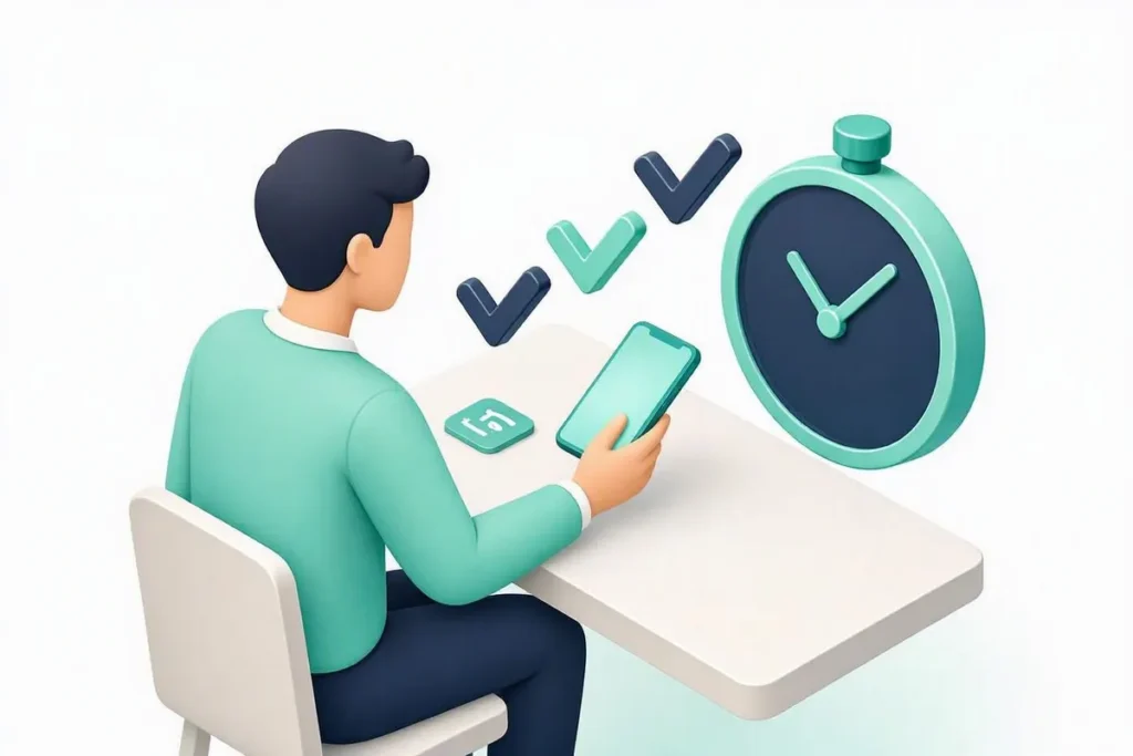 Retail Banking KYC Onboarding: a customer opening a bank account on a phone in minutes, with a stopwatch and checkmarks