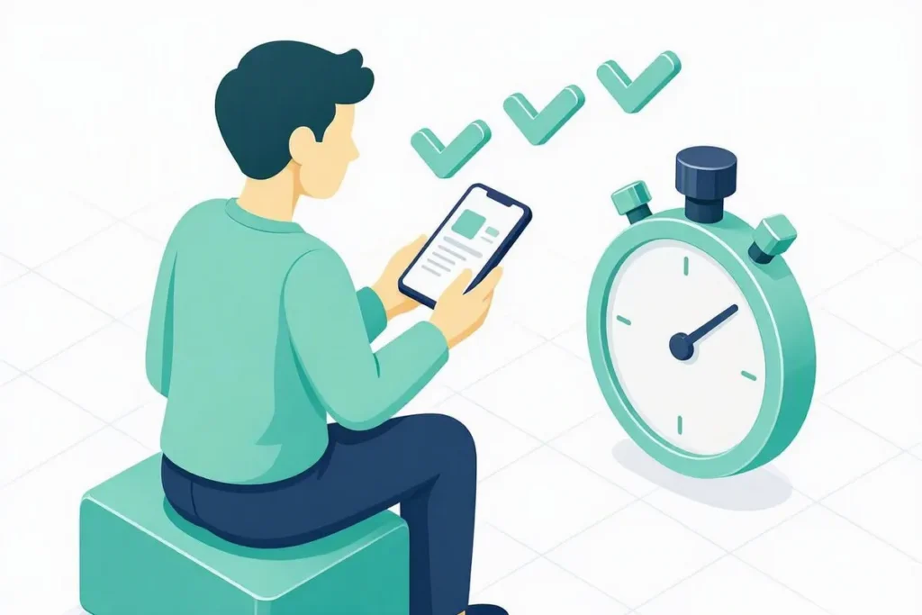 Retail Banking KYC Onboarding: a customer opening a bank account on a phone in minutes, with a stopwatch and checkmarks