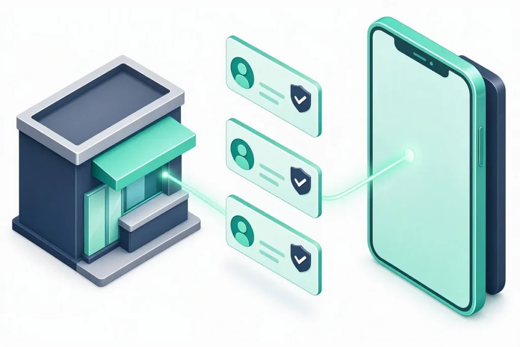 Retail Banking KYC Onboarding: a bank branch building and a phone connected, with verified profile cards between them