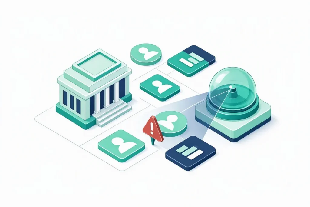 AML Screening for Banks: a bank building with a radar scanner screening abstract person and company profiles, one flagged with a warning icon